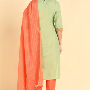 Green Embroidered Kurta Trousers With Dupatta VKSKD1403