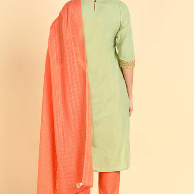 Green Embroidered Kurta Trousers With Dupatta VKSKD1403