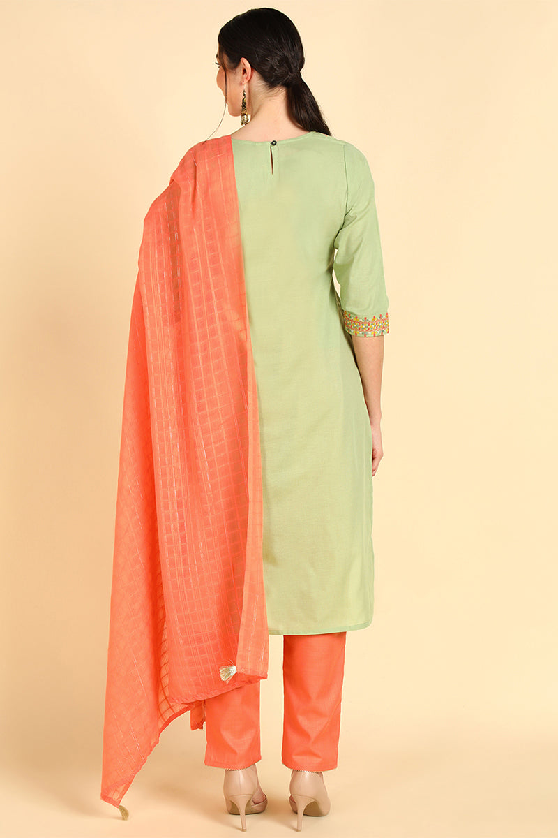 Green Embroidered Kurta Trousers With Dupatta VKSKD1403