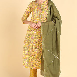 Yellow Pure Cotton Straight Kurta Pant With Dupatta Set VKSKD1405