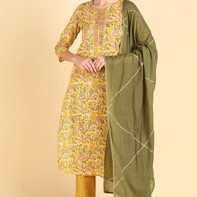 Yellow Pure Cotton Straight Kurta Pant With Dupatta Set VKSKD1405
