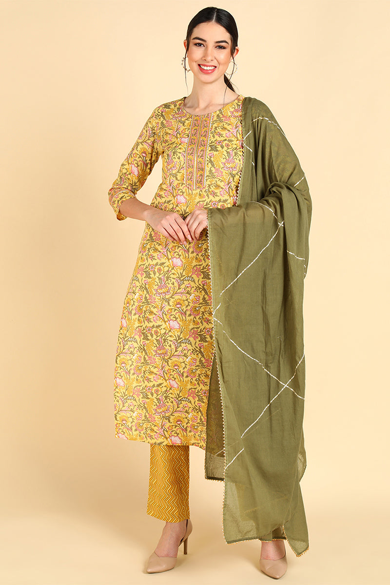 Yellow Pure Cotton Straight Kurta Pant With Dupatta Set VKSKD1405