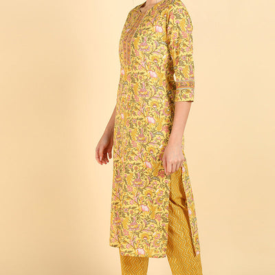 Yellow Pure Cotton Straight Kurta Pant With Dupatta Set VKSKD1405