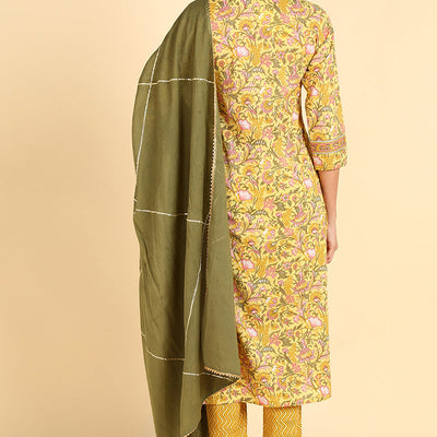 Yellow Pure Cotton Straight Kurta Pant With Dupatta Set VKSKD1405