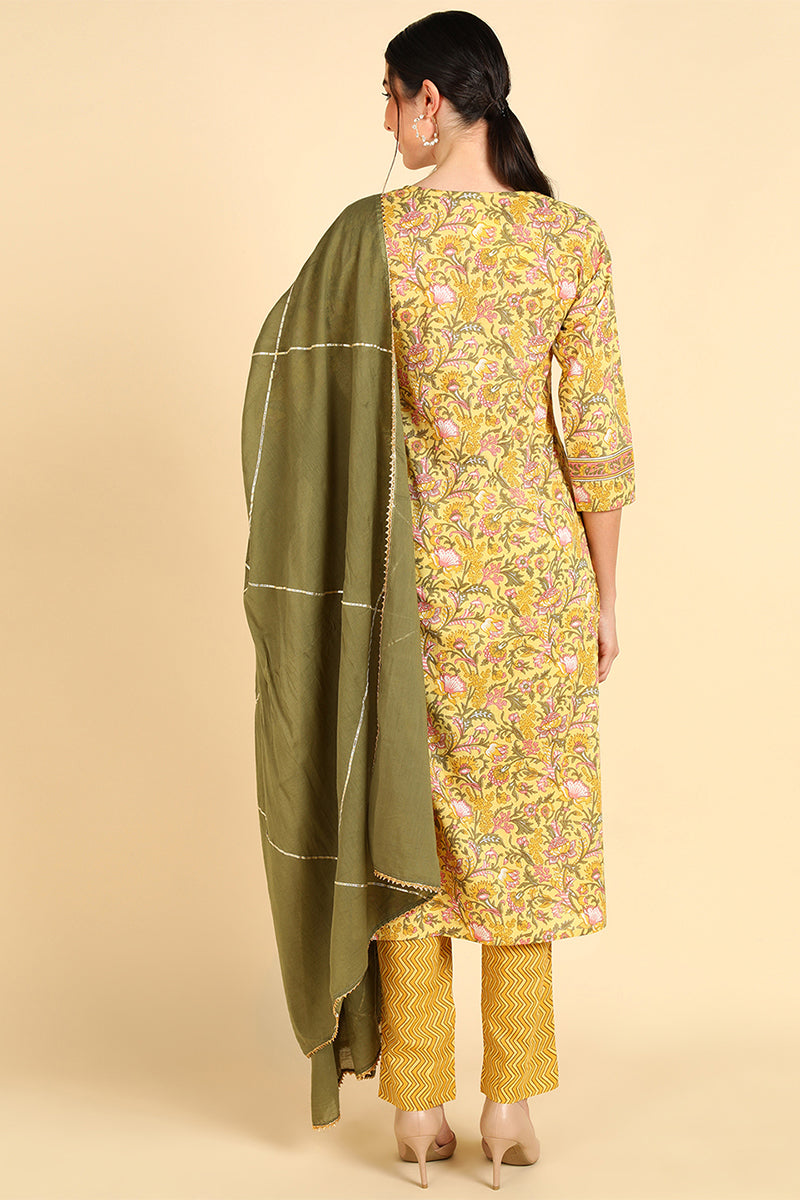 Yellow Pure Cotton Straight Kurta Pant With Dupatta Set VKSKD1405