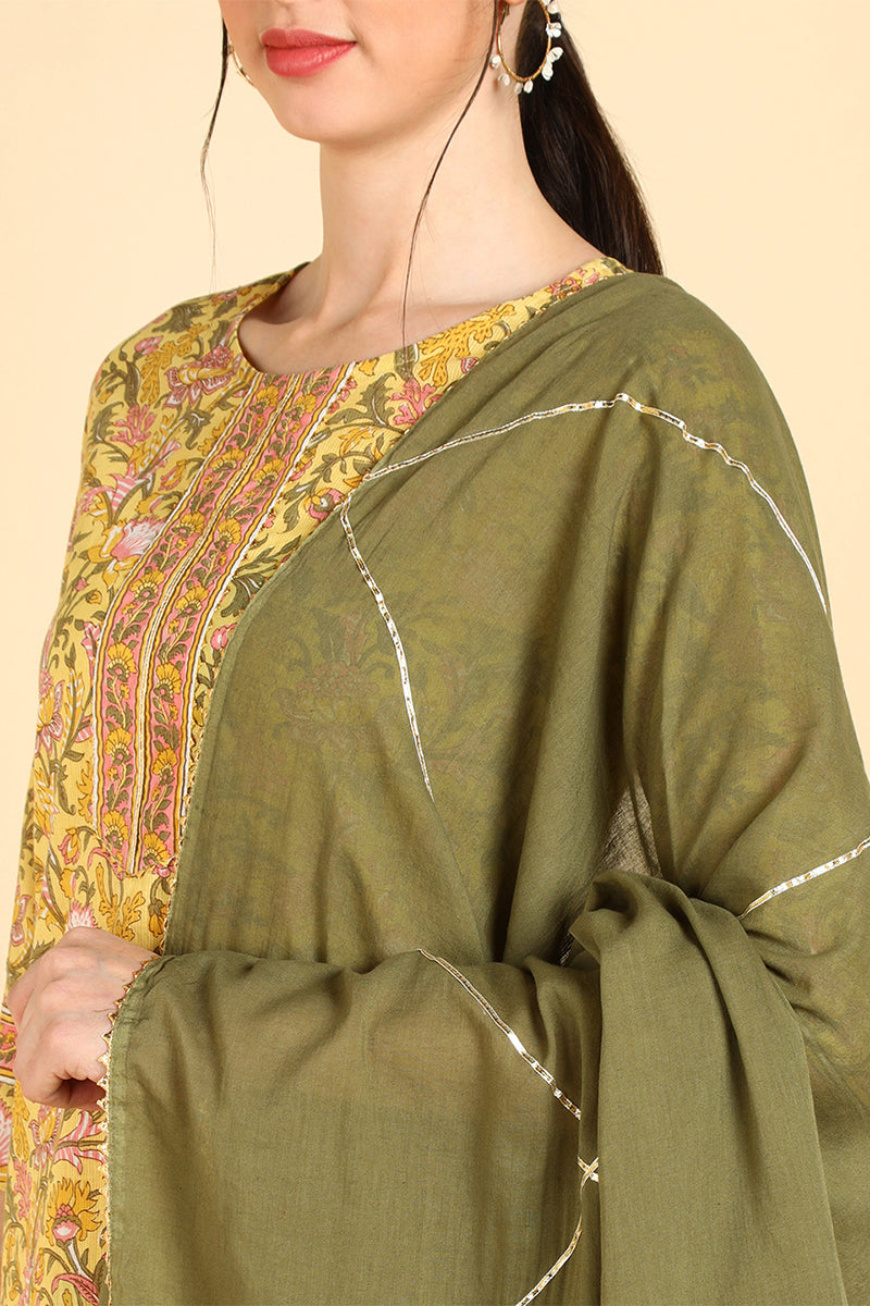Yellow Pure Cotton Straight Kurta Pant With Dupatta Set VKSKD1405