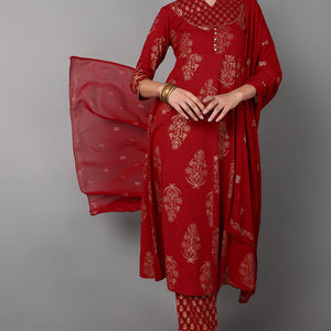 Red Cotton Straight Kurta Pant With Dupatta Set VKSKD1416