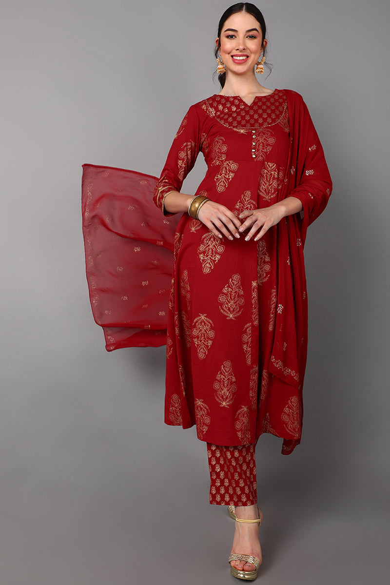 Red Cotton Straight Kurta Pant With Dupatta Set VKSKD1416