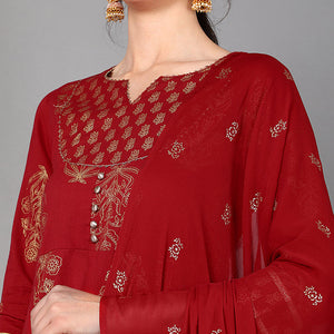 Red Cotton Straight Kurta Pant With Dupatta Set VKSKD1416