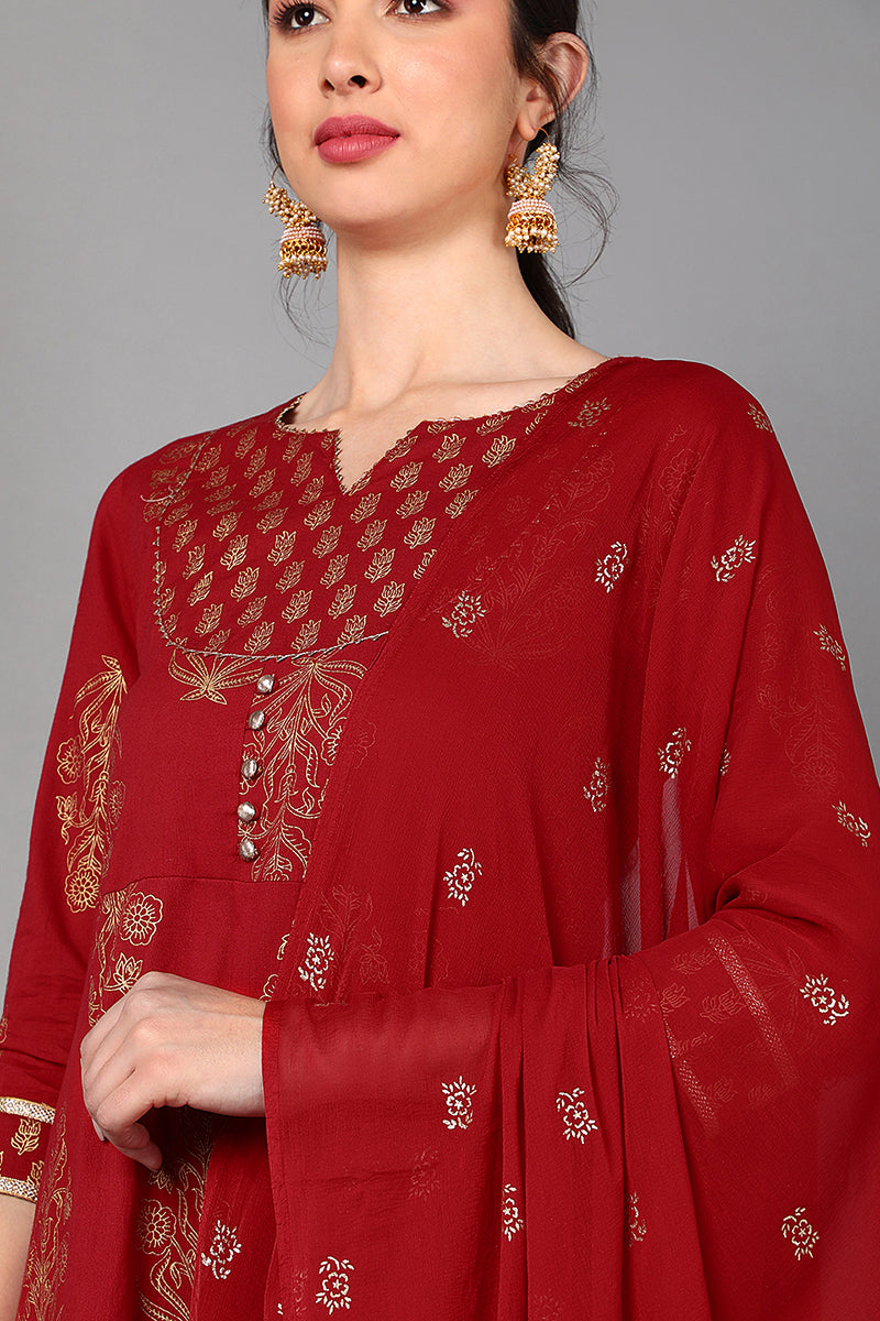 Red Cotton Straight Kurta Pant With Dupatta Set VKSKD1416