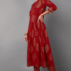 Red Cotton Straight Kurta Pant With Dupatta Set VKSKD1416