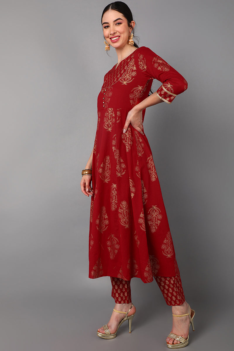 Red Cotton Straight Kurta Pant With Dupatta Set VKSKD1416