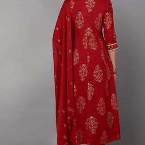 Red Cotton Straight Kurta Pant With Dupatta Set VKSKD1416