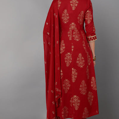 Red Cotton Straight Kurta Pant With Dupatta Set VKSKD1416