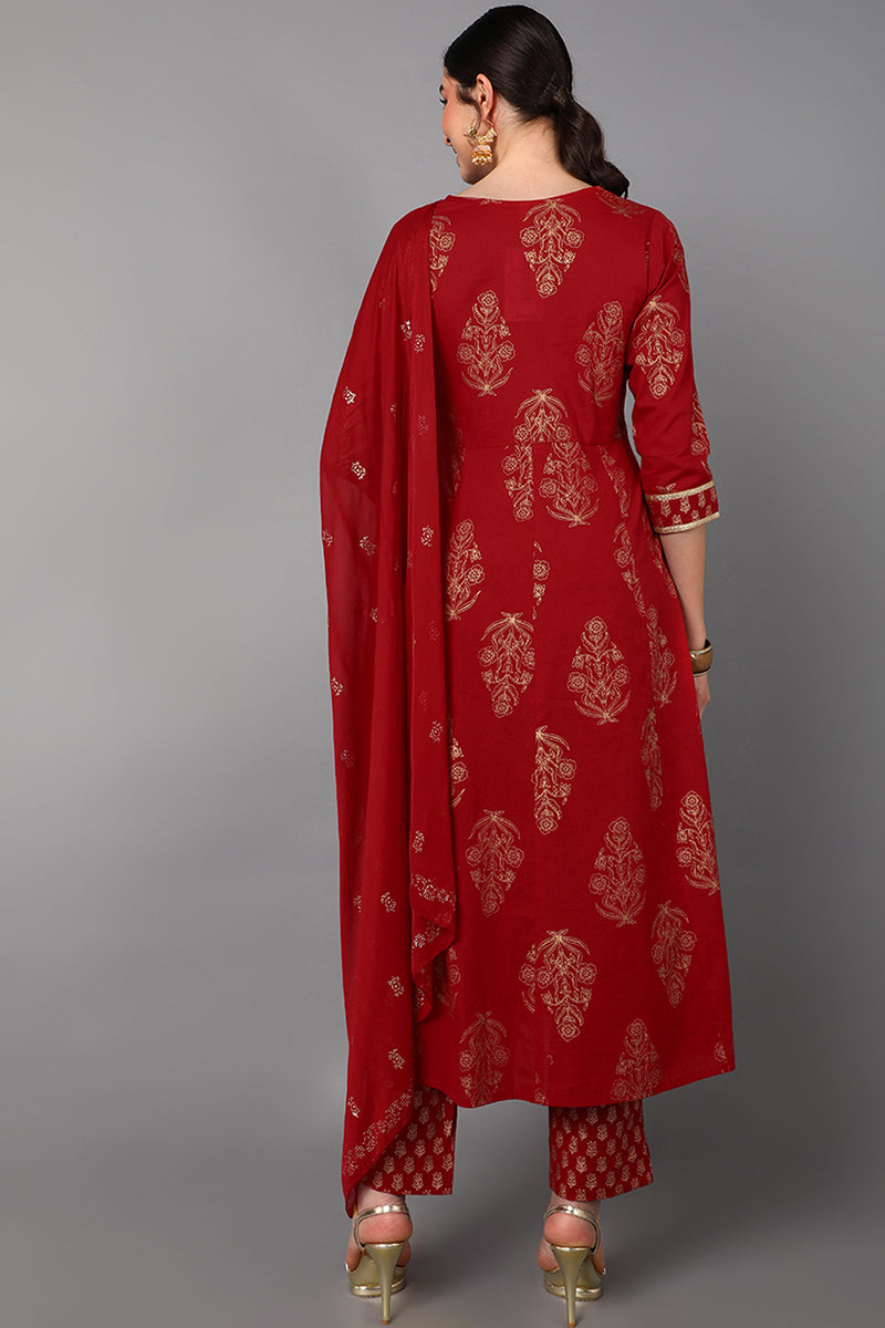 Red Cotton Straight Kurta Pant With Dupatta Set VKSKD1416