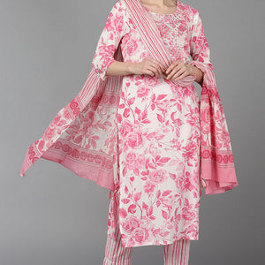 Pink Pure Cotton Floral Straight Kurta Trousers With Dupatta VKSKD1489
