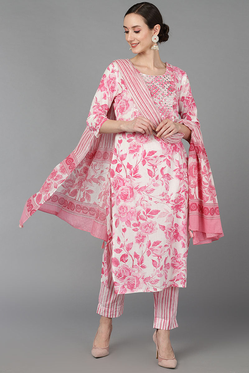 Pink Pure Cotton Floral Straight Kurta Trousers With Dupatta VKSKD1489