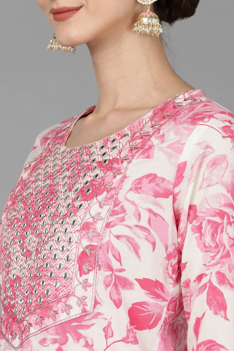 Pink Pure Cotton Floral Straight Kurta Trousers With Dupatta VKSKD1489