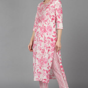Pink Pure Cotton Floral Straight Kurta Trousers With Dupatta VKSKD1489