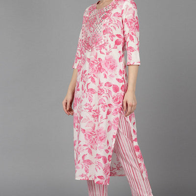 Pink Pure Cotton Floral Straight Kurta Trousers With Dupatta VKSKD1489