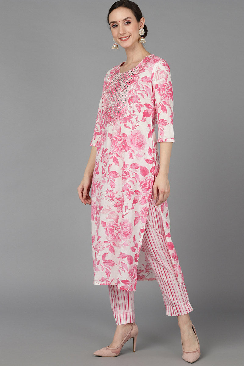 Pink Pure Cotton Floral Straight Kurta Trousers With Dupatta VKSKD1489
