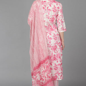 Pink Pure Cotton Floral Straight Kurta Trousers With Dupatta VKSKD1489