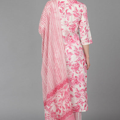 Pink Pure Cotton Floral Straight Kurta Trousers With Dupatta VKSKD1489