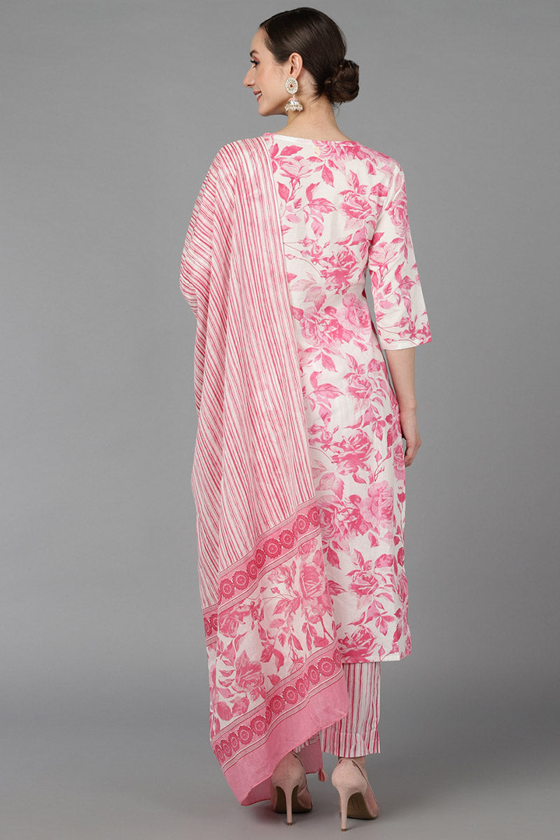 Pink Pure Cotton Floral Straight Kurta Trousers With Dupatta VKSKD1489