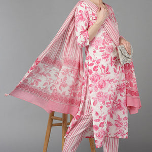 Pink Pure Cotton Floral Straight Kurta Trousers With Dupatta VKSKD1489
