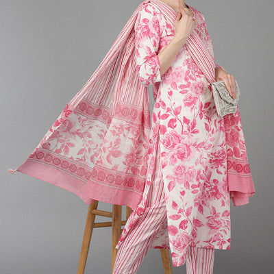 Pink Pure Cotton Floral Straight Kurta Trousers With Dupatta VKSKD1489