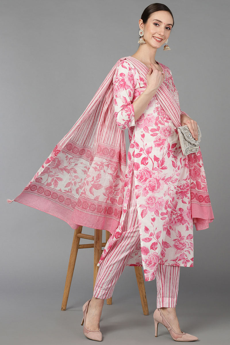Pink Pure Cotton Floral Straight Kurta Trousers With Dupatta VKSKD1489