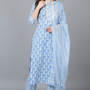 Blue Cotton Straight Kurta Pant With Dupatta VKSKD1628