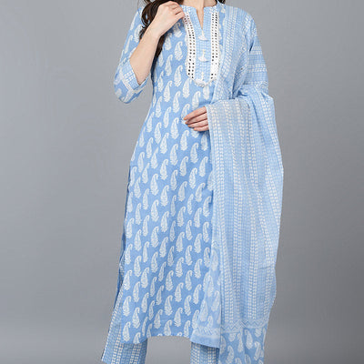 Blue Cotton Straight Kurta Pant With Dupatta VKSKD1628