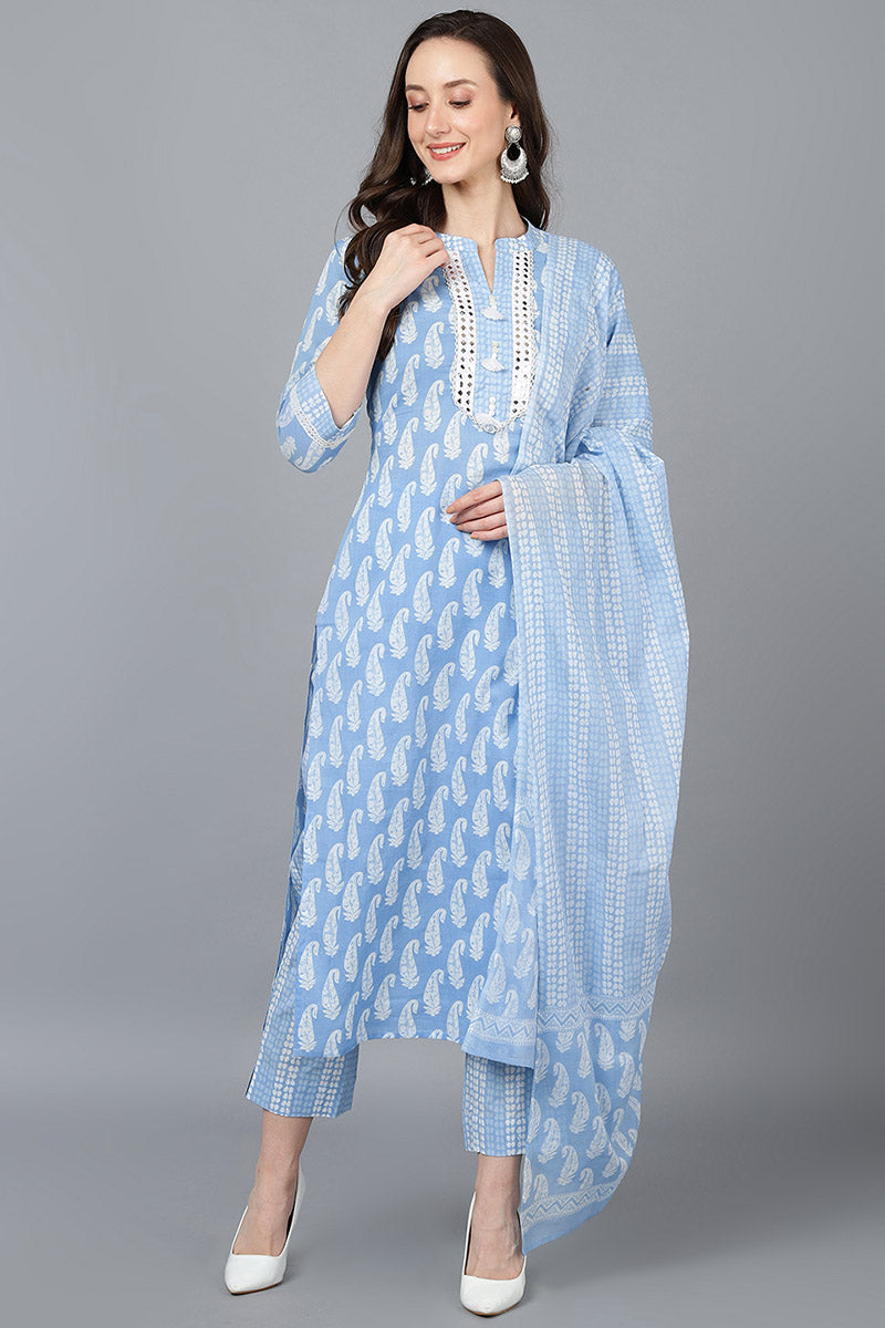 Blue Cotton Straight Kurta Pant With Dupatta VKSKD1628