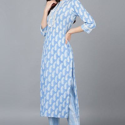 Blue Cotton Straight Kurta Pant With Dupatta VKSKD1628