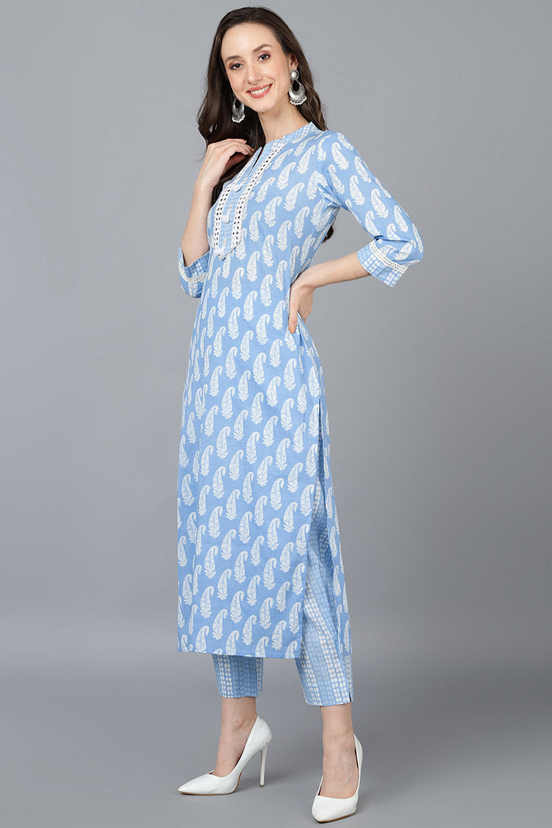 Blue Cotton Straight Kurta Pant With Dupatta VKSKD1628