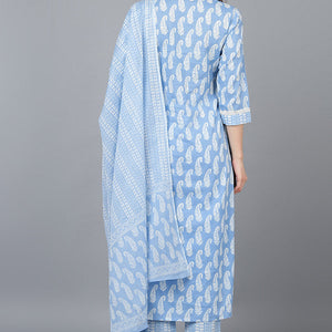 Blue Cotton Straight Kurta Pant With Dupatta VKSKD1628