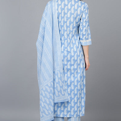 Blue Cotton Straight Kurta Pant With Dupatta VKSKD1628