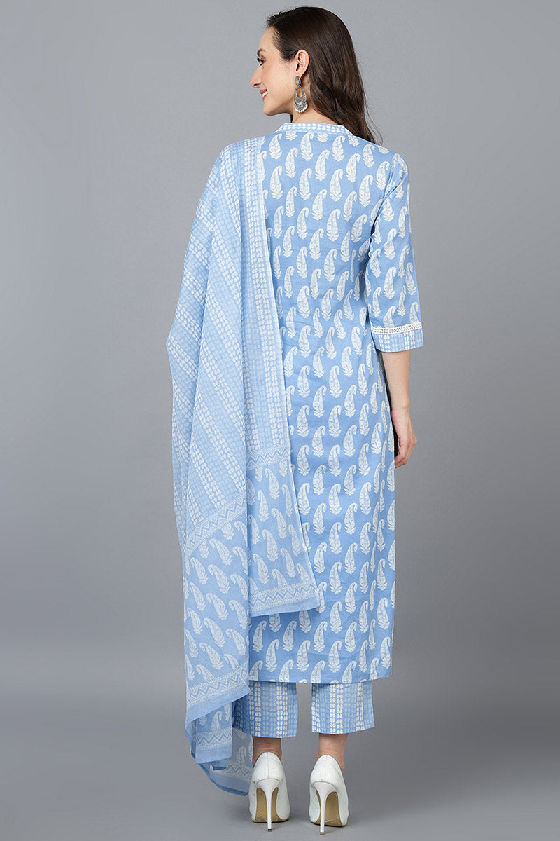 Blue Cotton Straight Kurta Pant With Dupatta VKSKD1628
