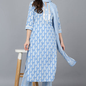 Blue Cotton Straight Kurta Pant With Dupatta VKSKD1628