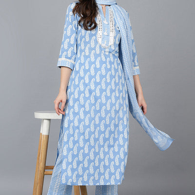 Blue Cotton Straight Kurta Pant With Dupatta VKSKD1628