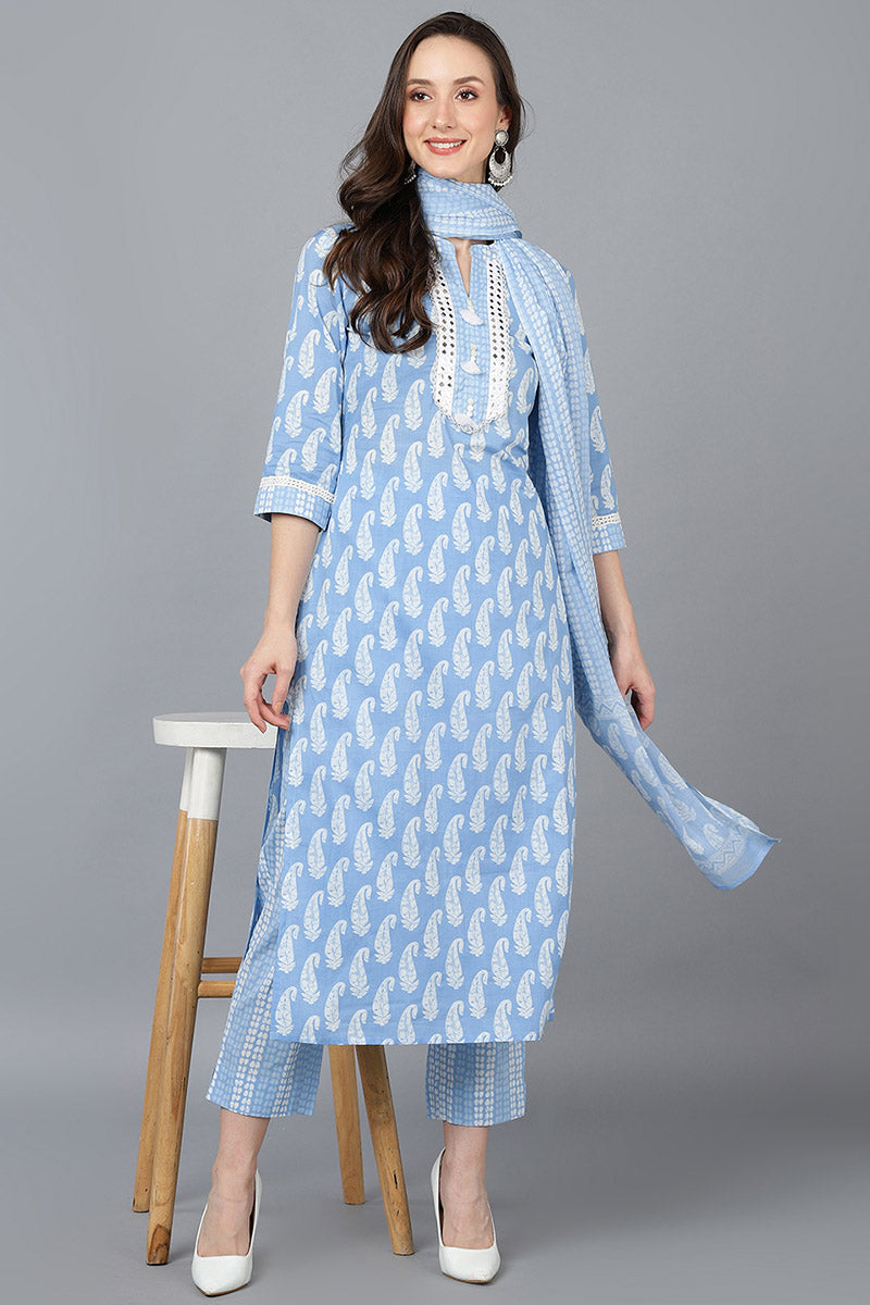 Blue Cotton Straight Kurta Pant With Dupatta VKSKD1628
