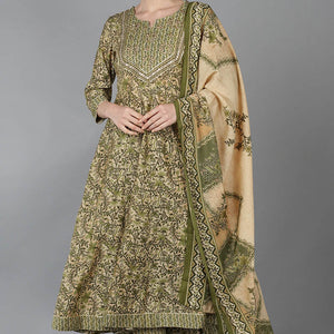 Beige Silk Blend Ethnic Motifs Anarkali Kurta Trousers With Dupatta VKSKD1664