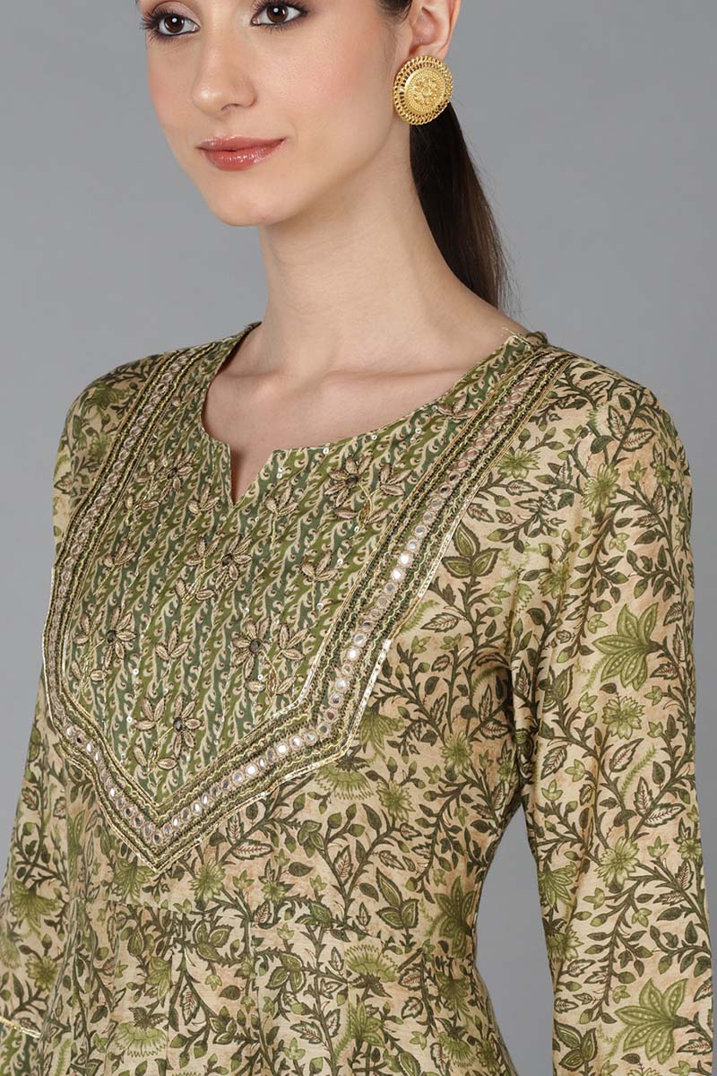 Beige Silk Blend Ethnic Motifs Anarkali Kurta Trousers With Dupatta VKSKD1664