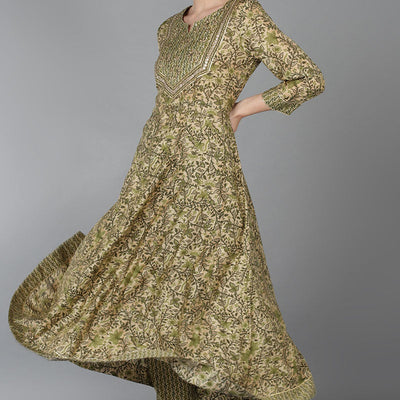 Beige Silk Blend Ethnic Motifs Anarkali Kurta Trousers With Dupatta VKSKD1664