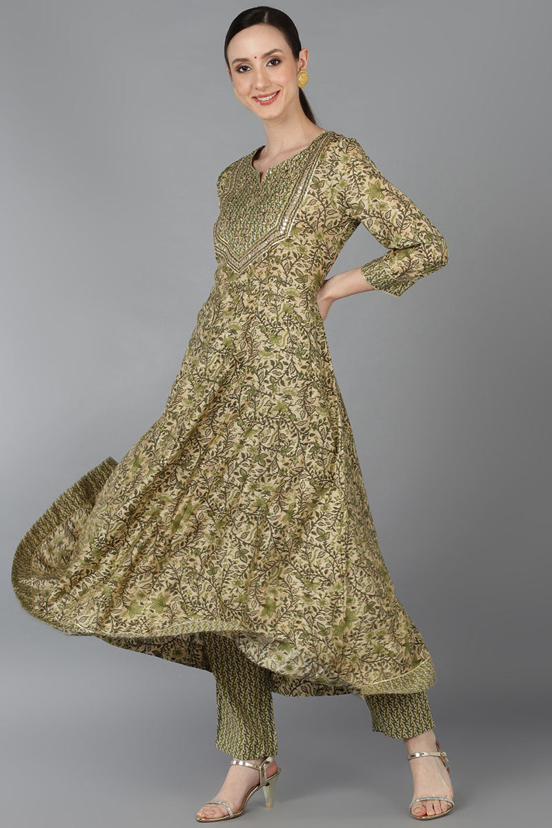 Beige Silk Blend Ethnic Motifs Anarkali Kurta Trousers With Dupatta VKSKD1664