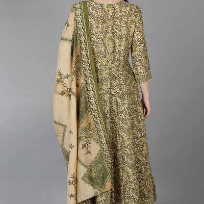 Beige Silk Blend Ethnic Motifs Anarkali Kurta Trousers With Dupatta VKSKD1664