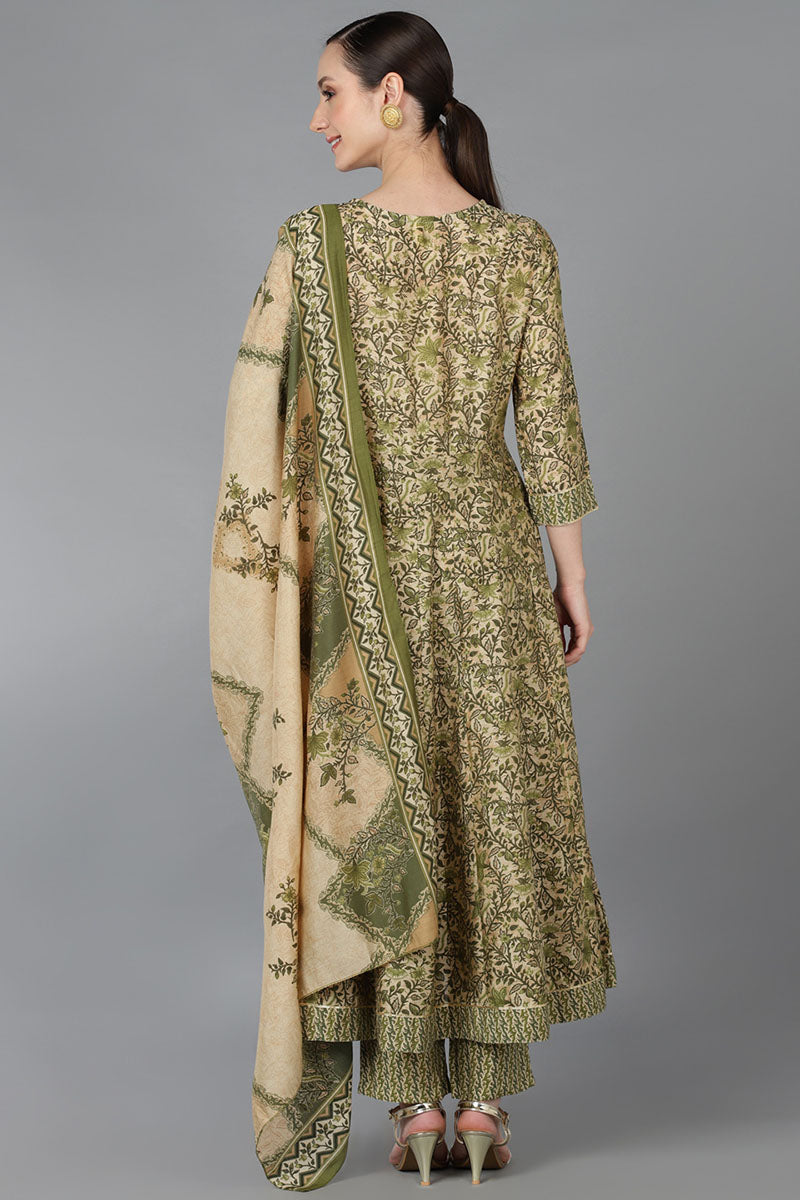Beige Silk Blend Ethnic Motifs Anarkali Kurta Trousers With Dupatta VKSKD1664