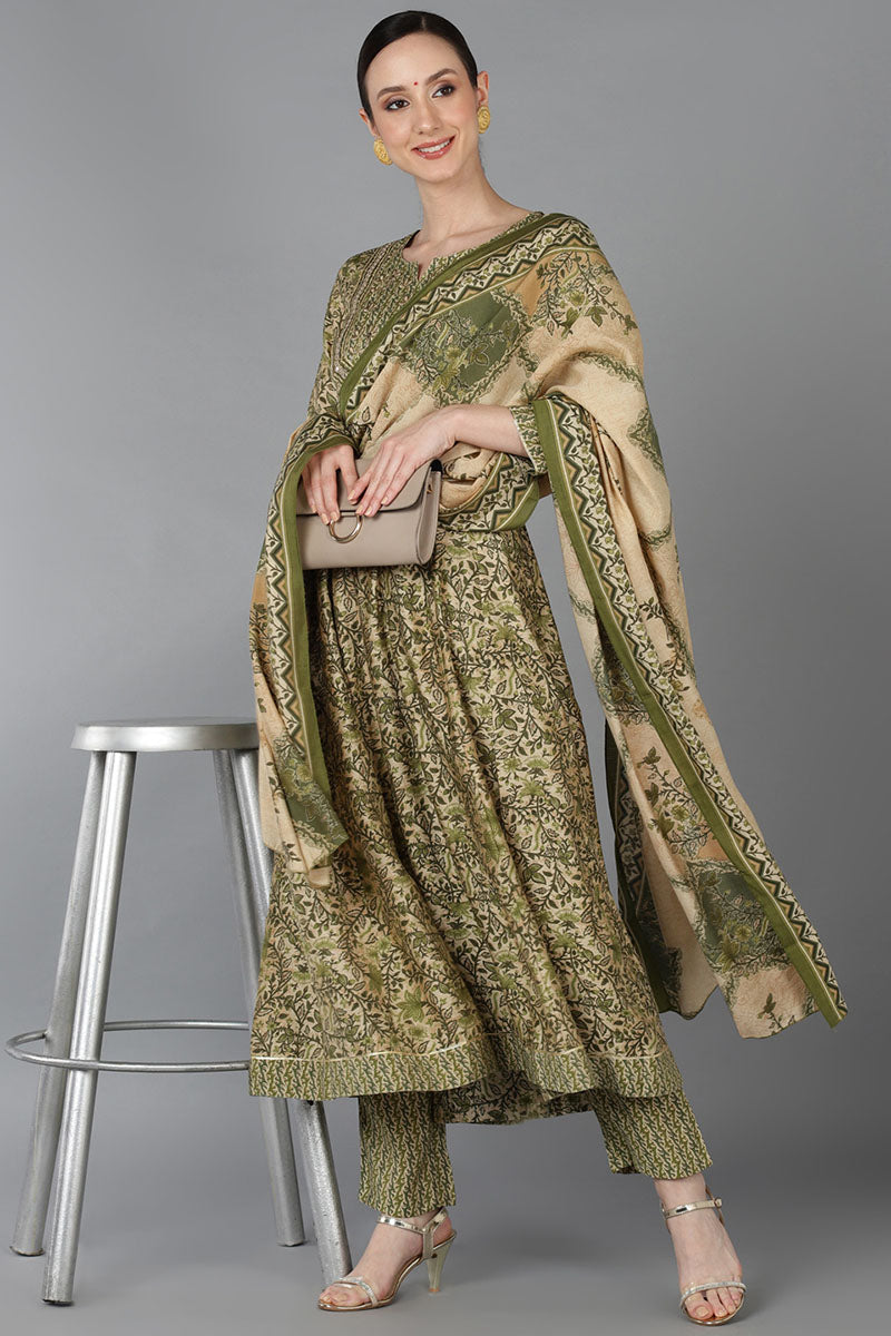 Beige Silk Blend Ethnic Motifs Anarkali Kurta Trousers With Dupatta VKSKD1664