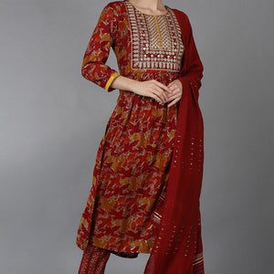 Red Cotton Blend Zari Embroidered Suit Set VKSKD1667